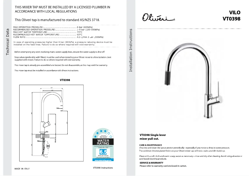 Page n°1 - Guide d'installation Oliveri VT0398
