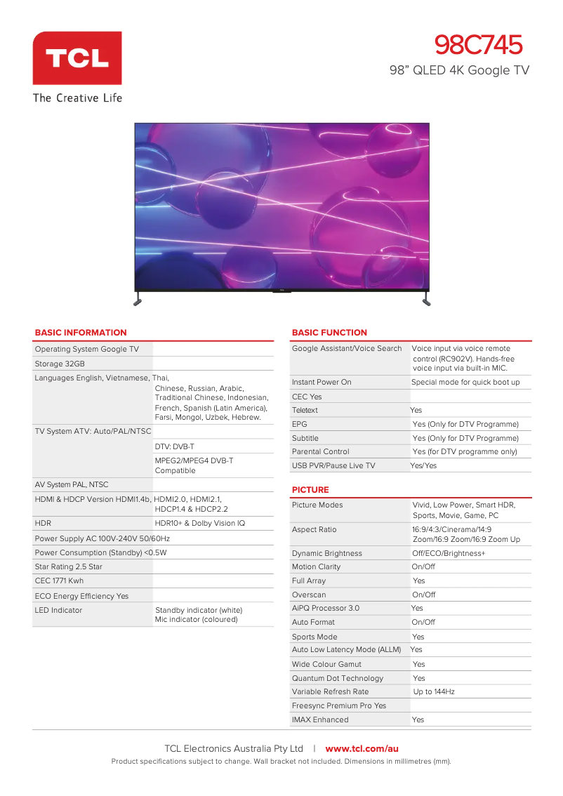 Page 1 de la notice Fiche technique TCL 98C745
