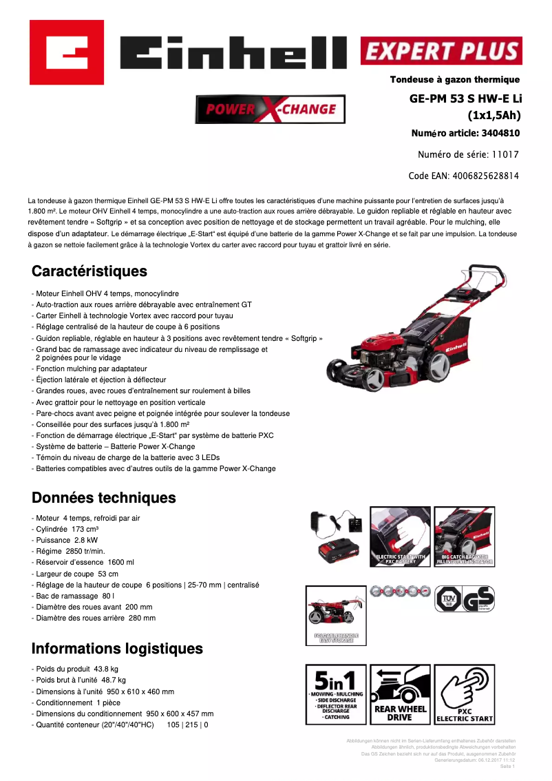 Page 1 de la notice Fiche technique Einhell GE-PM 53 S-HW E Li