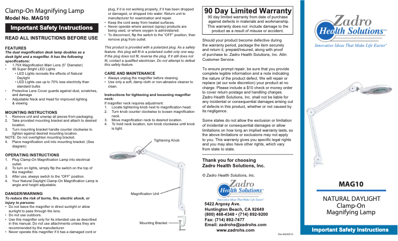 Page 1 de la notice Manuel utilisateur Zadro MAG10