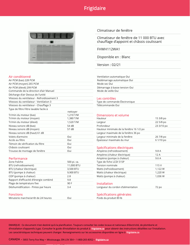 Image de la première page du manuel de l'appareil FHWH112WA1