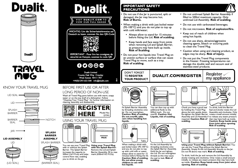 Page 1 de la notice Manuel utilisateur Dualit Travel Mug
