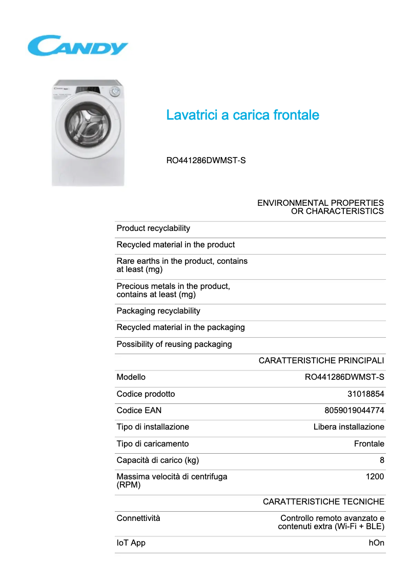 Page 1 de la notice Fiche technique Candy RO441286DWMST-S