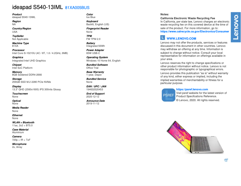 Página 1 del manual Ficha técnica Lenovo IdeaPad S540