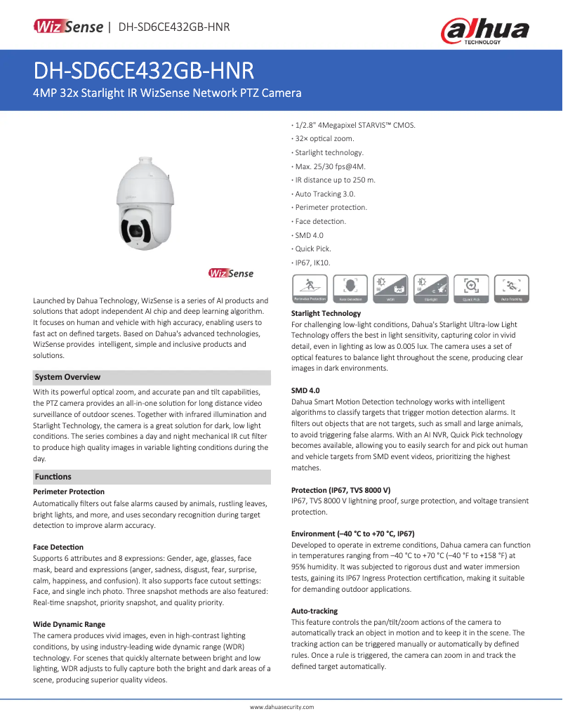 Page 1 de la notice Fiche technique Dahua Technology SD6CE432GB-HNR