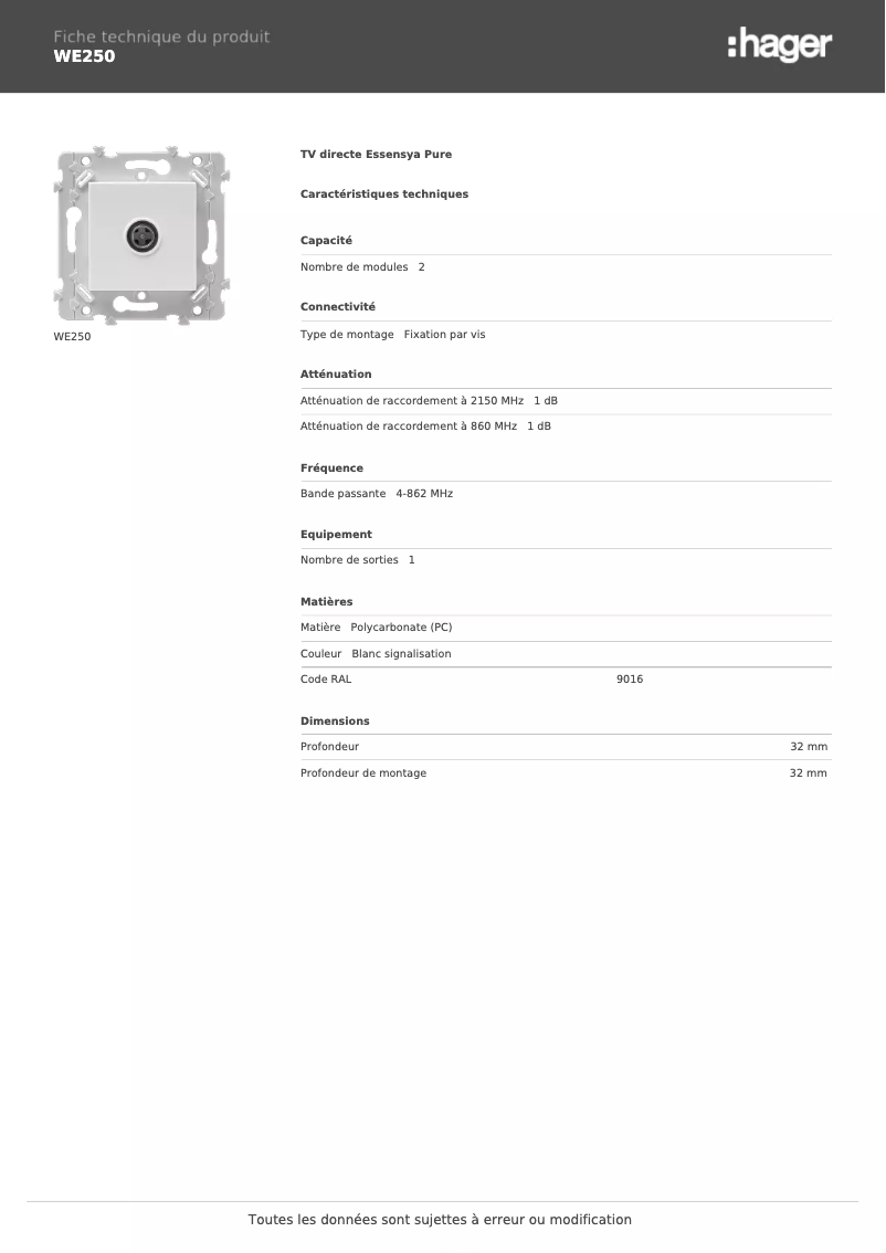 Page 1 de la notice Fiche technique Hager WE250