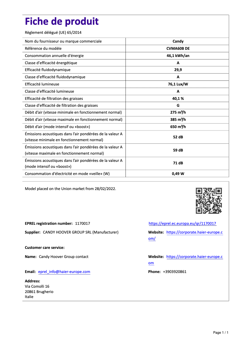 Page 1 de la notice Manuel utilisateur Candy CVMA60B