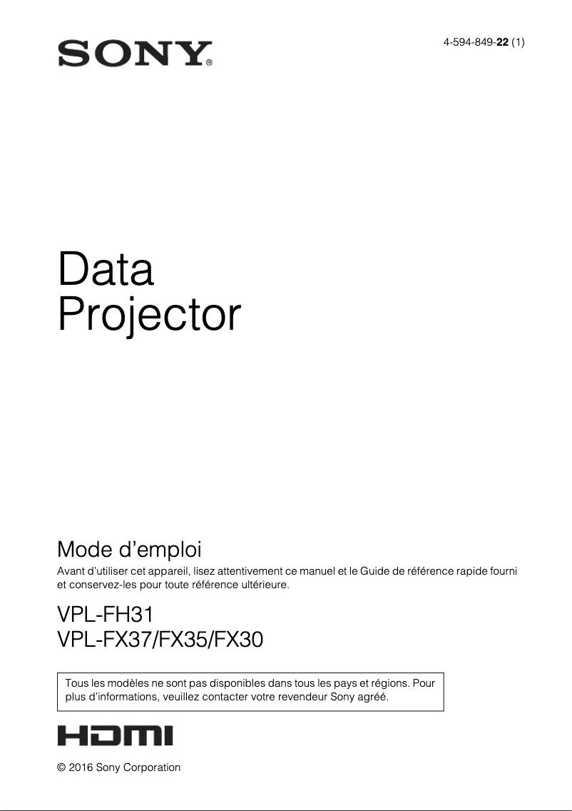 Page n°1 - Manuel utilisateur Sony VPL-FX30