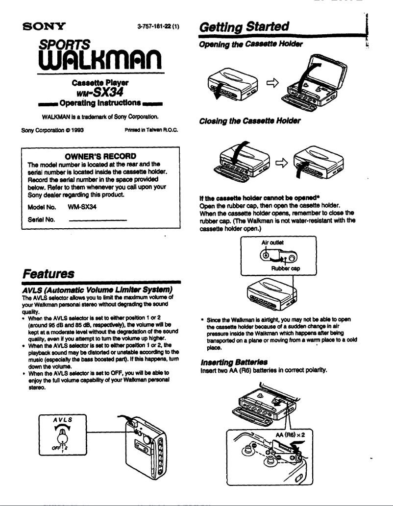 Page 1 de la notice Manuel utilisateur Sony Walkman WM-SX34