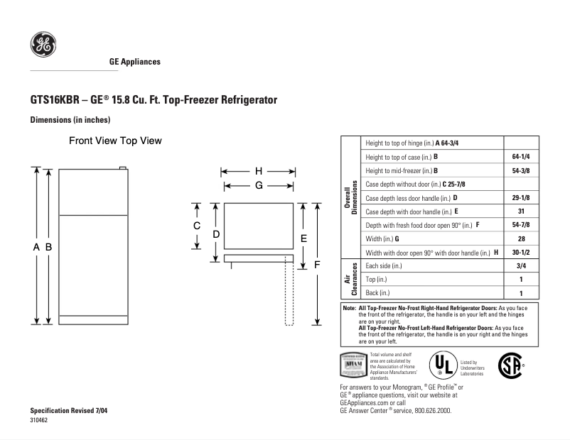 Page 1 de la notice Fiche technique GE GTS16KBRCC