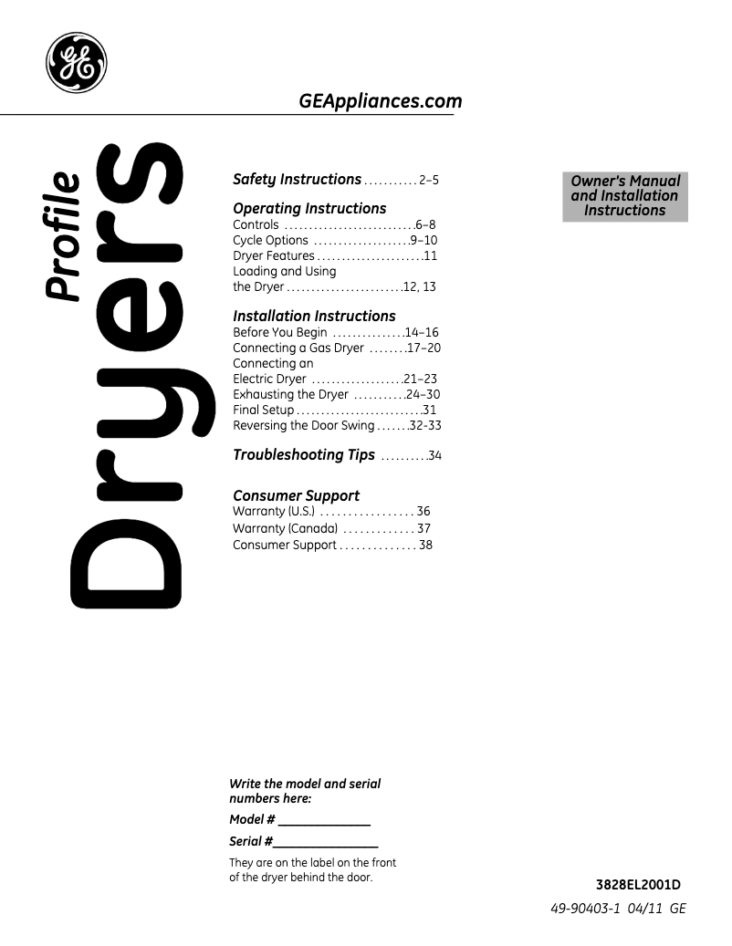 Page 1 de la notice Manuel d'utilisation et d'entretien GE Profile Harmony PTDN800GMWW