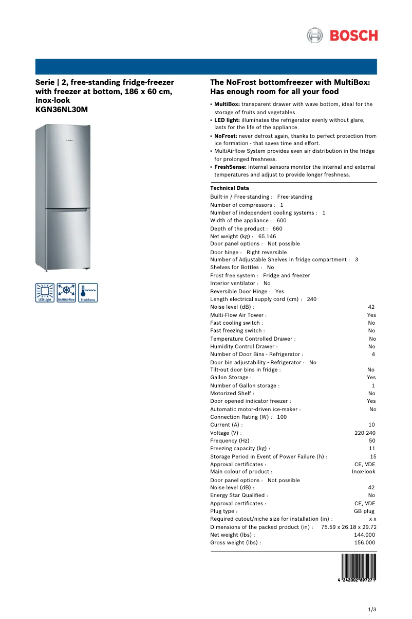 Página 1 del manual Ficha técnica Bosch KGN36NL30M