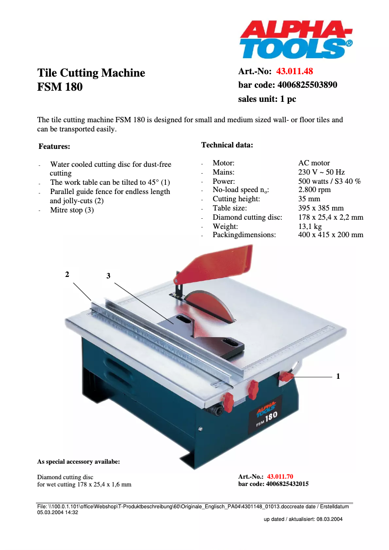 Page 1 de la notice Fiche technique Alpha Tools FSM 180