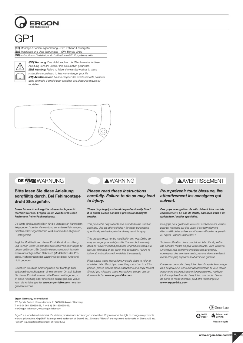 Page 1 de la notice Manuel utilisateur Ergon GP1-L BioKork