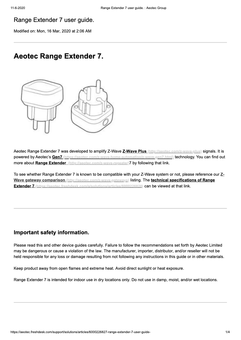 Page 1 de la notice Manuel utilisateur Aeotec Range Extender 7