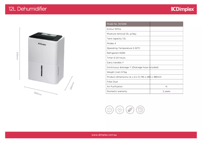 Page 1 de la notice Fiche technique Dimplex DC12DE