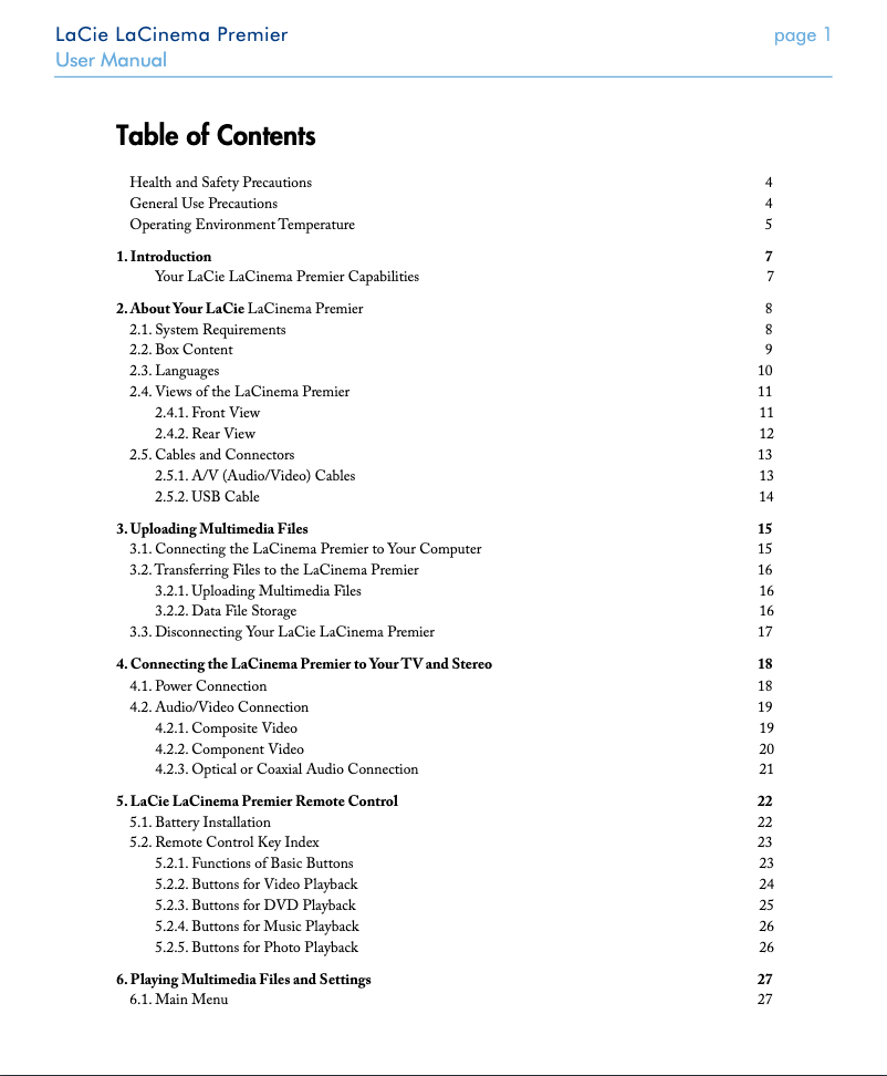 Image de la première page du manuel de l'appareil LaCinema Premier