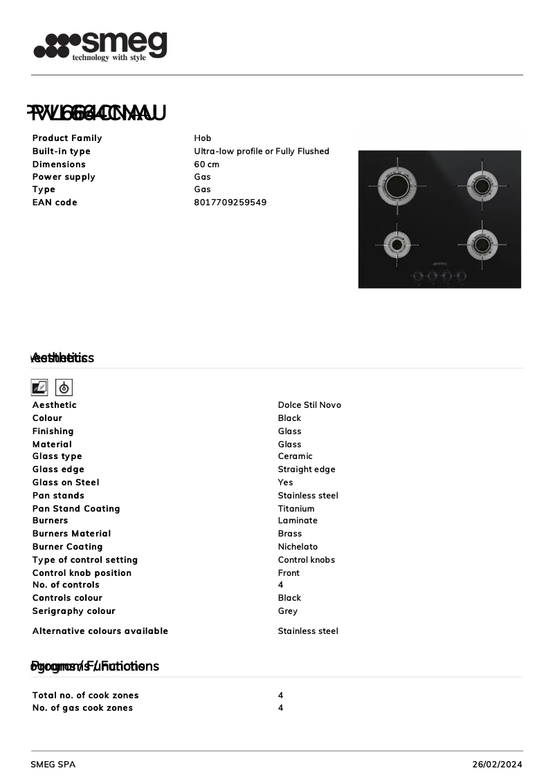 Page n°1 - Fiche technique Smeg PVL664CNAU