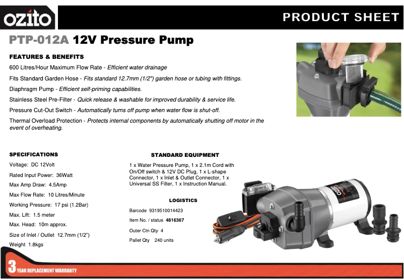 Page 1 de la notice Fiche technique Ozito PTP-012A