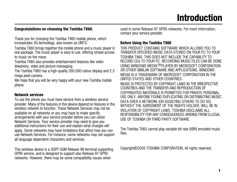 Page 1 de la notice Manuel utilisateur Toshiba TX60