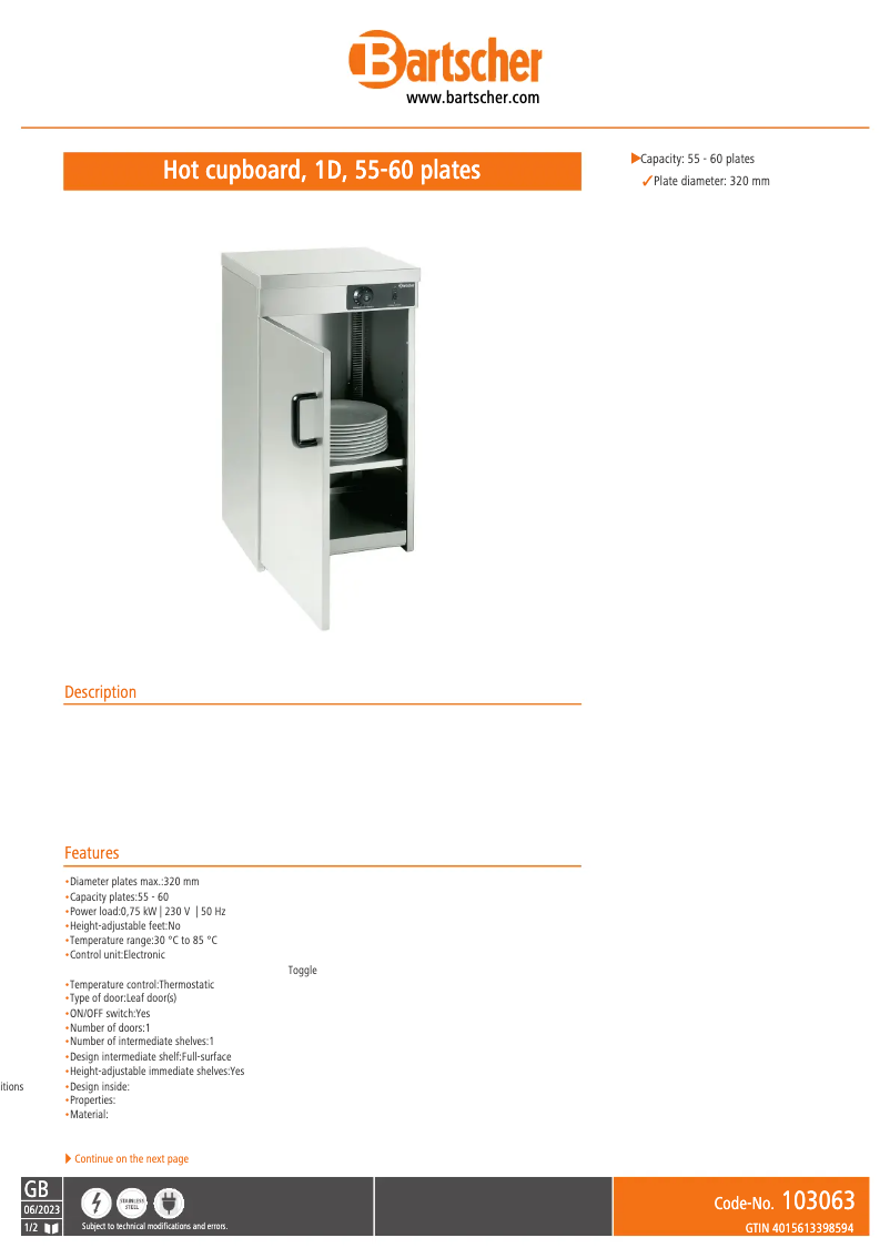 Page n°1 - Fiche technique Bartscher 103063