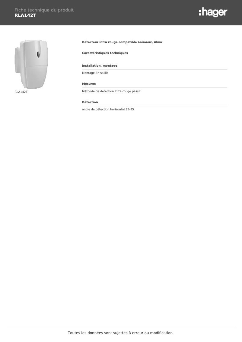 Page n°1 - Fiche technique Hager RLA142T