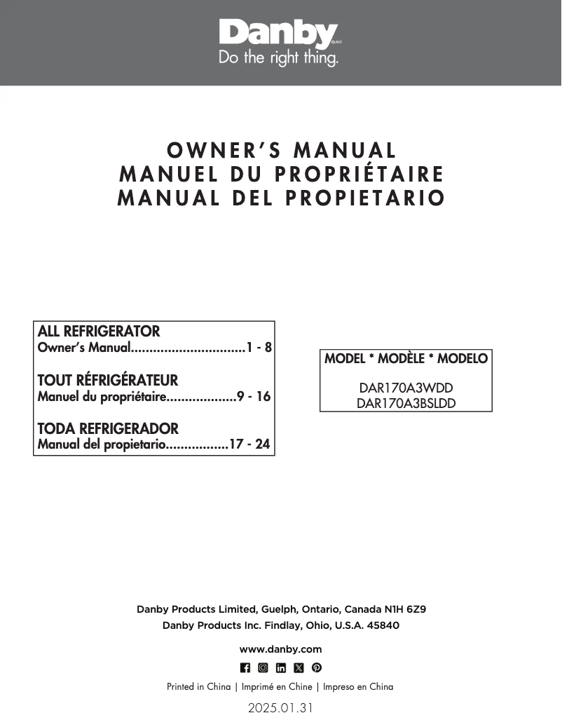 Page 1 de la notice Mode d'emploi Danby DAR170A3BSLDD