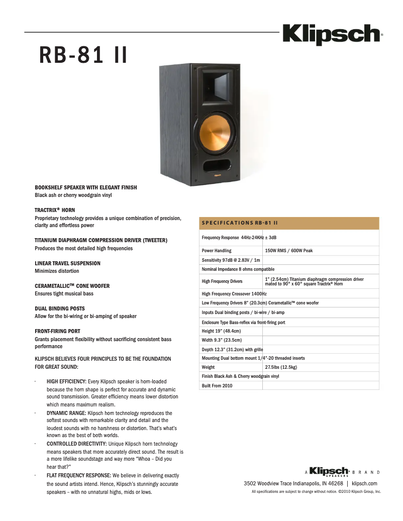 Page n°1 - Fiche technique Klipsch RB-81 II
