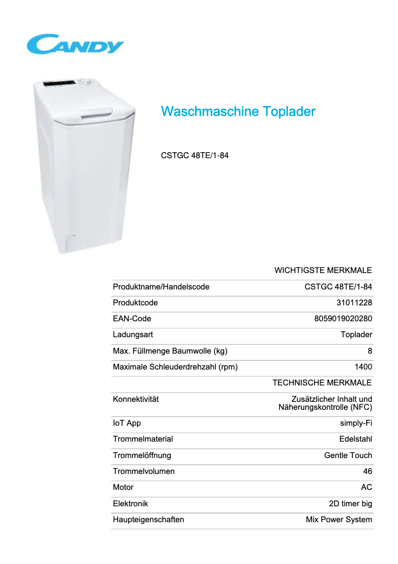 Page 1 de la notice Fiche technique Candy CSTGC 48TE/1-84