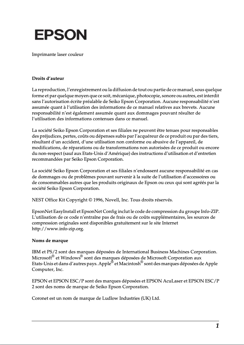 Page 1 de la notice Manuel utilisateur Epson Aculaser C9100