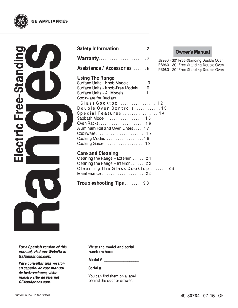 Page 1 de la notice Manuel d'utilisation et d'entretien GE Profile PB960SJSS