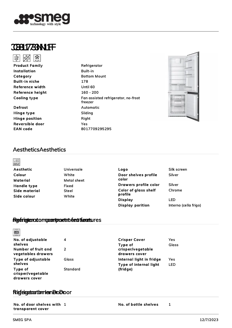 Page 1 de la notice Fiche technique Smeg C8173N1F