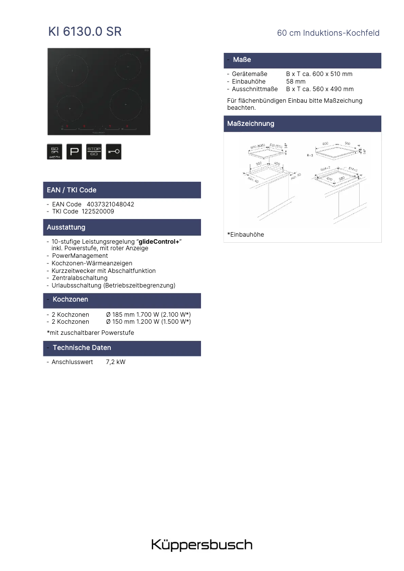 Page n°1 - Fiche technique Küppersbusch KI6130.0SR