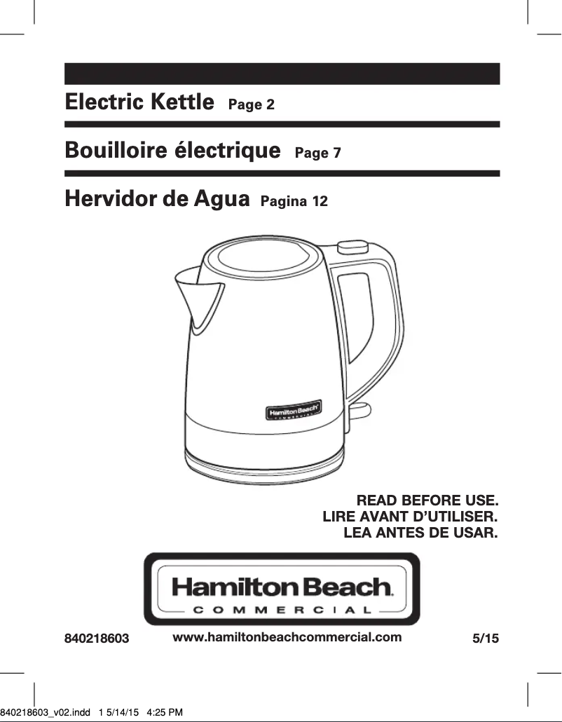 Page 1 de la notice Manuel utilisateur Hamilton Beach HKE110