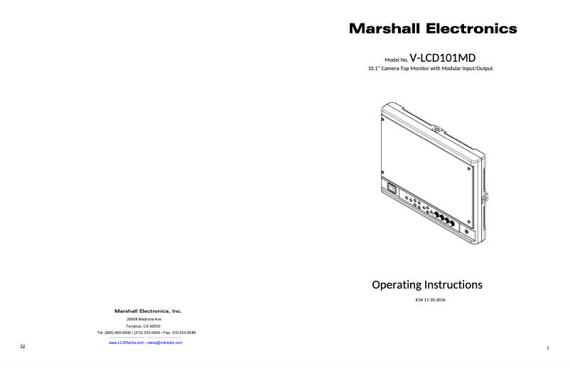 Page n°1 - Manuel utilisateur Marshall Electronics V-LCD101MD-3G