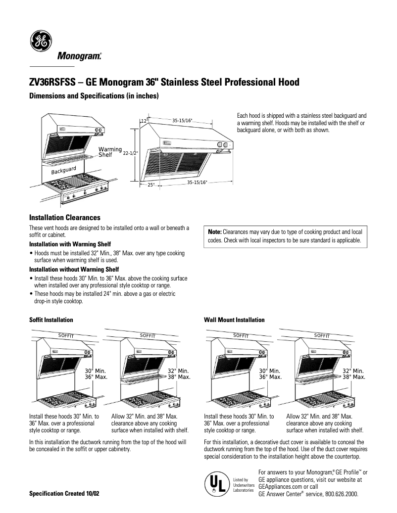 Page 1 de la notice Fiche technique Monogram ZV36RSFSS