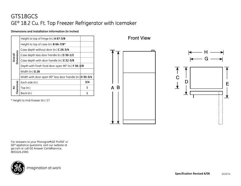 Page 1 de la notice Fiche technique GE GTS18GCSBB