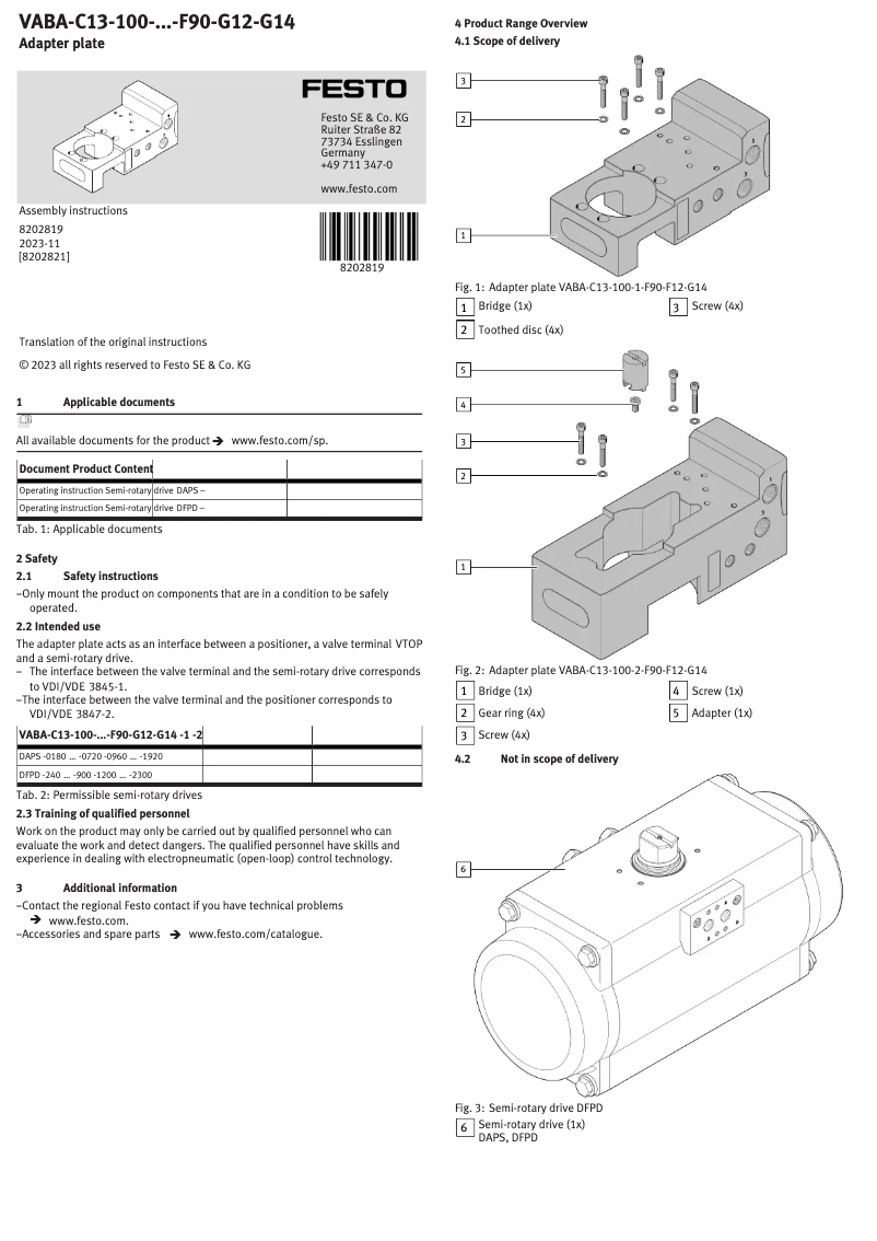 Page 1 de la notice Manuel utilisateur Festo VABA-C13-100-2-F90-G12-G14