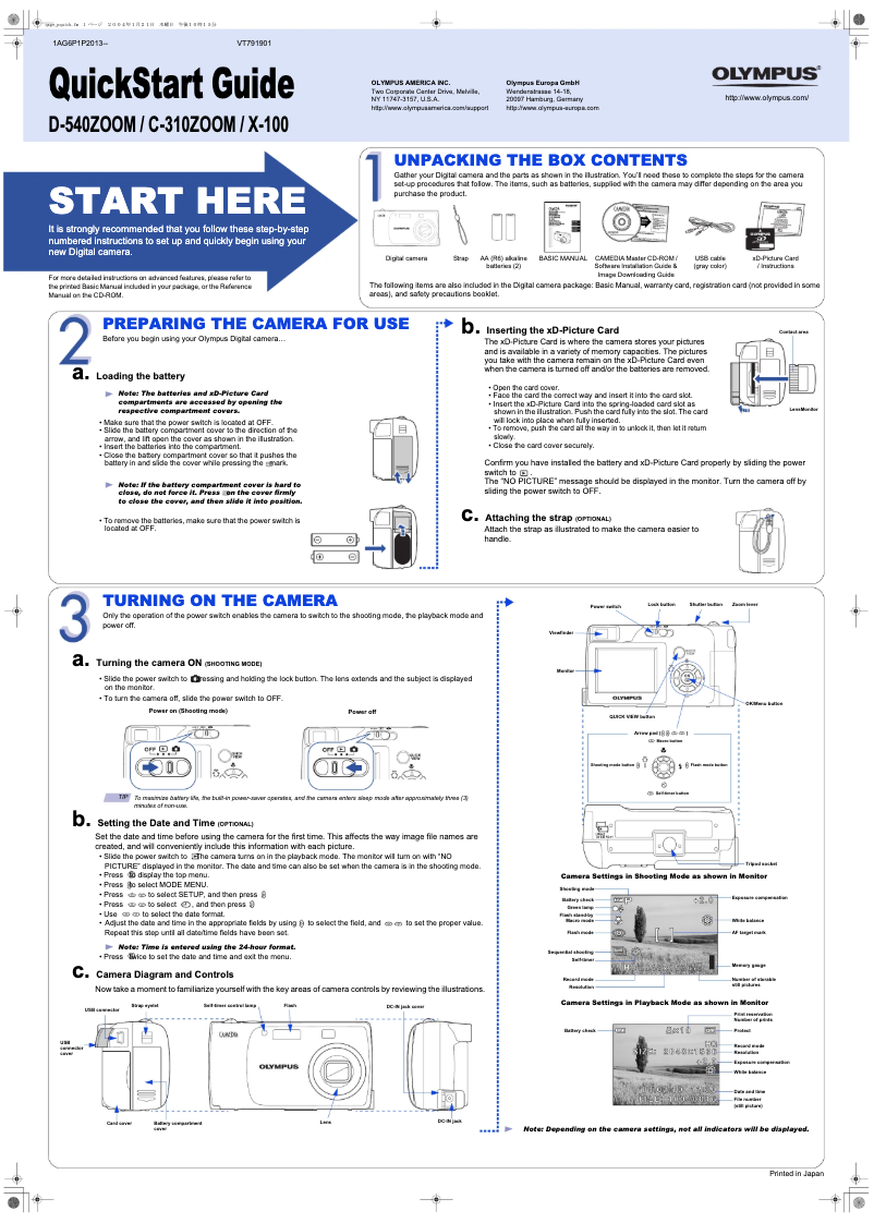 Page 1 de la notice Guide de démarrage rapide Olympus Camedia D-540 Zoom