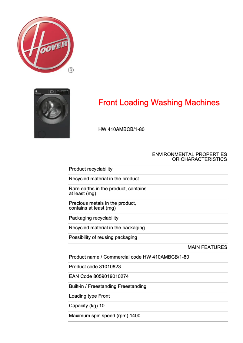 Page 1 de la notice Fiche technique Hoover H-WASH 500 HW 410AMBCB/1-80