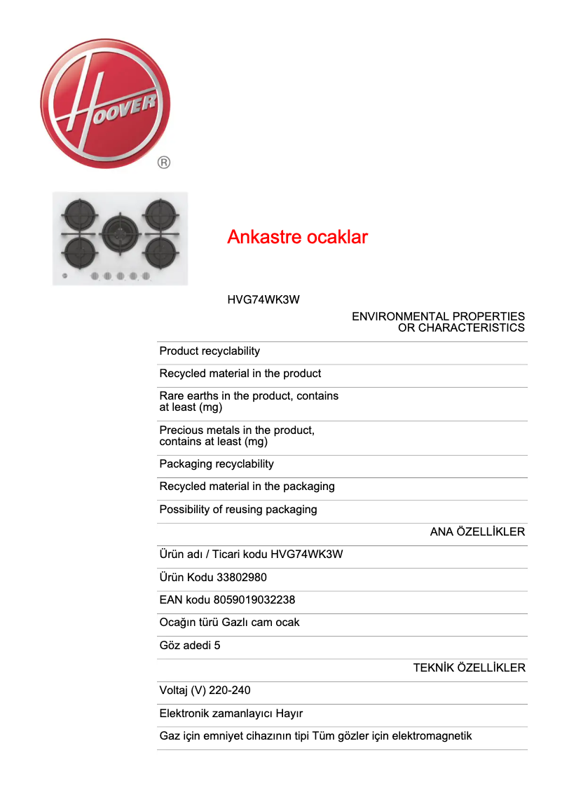 Página 1 del manual Ficha técnica Hoover HVG74WK3W