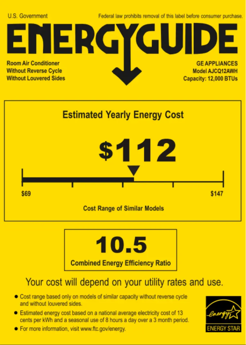Page 1 de la notice Label énergétique GE AJCQ12AWH