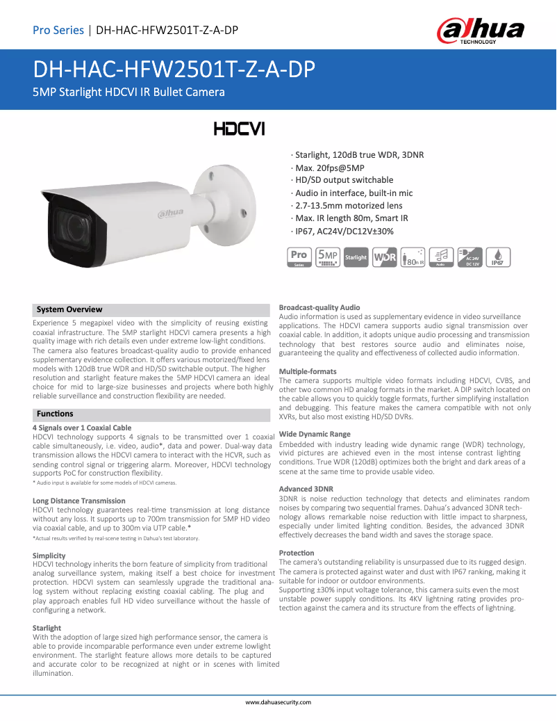 Page n°1 - Fiche technique Dahua Technology HAC-HFW2501T-Z-A-DP