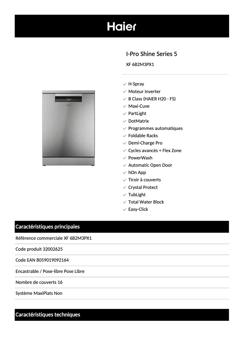 Page 1 de la notice Fiche technique Haier XF 6B2M3PX1