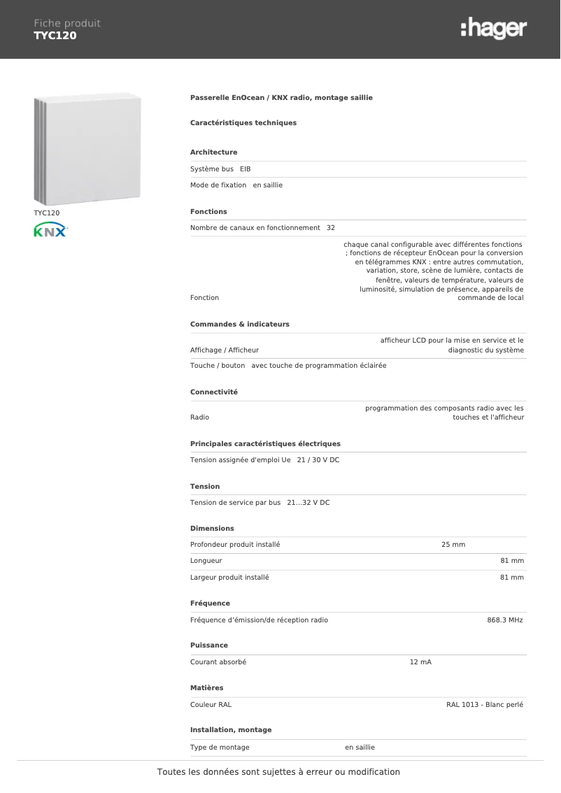 Page n°1 - Fiche technique Hager TYC120