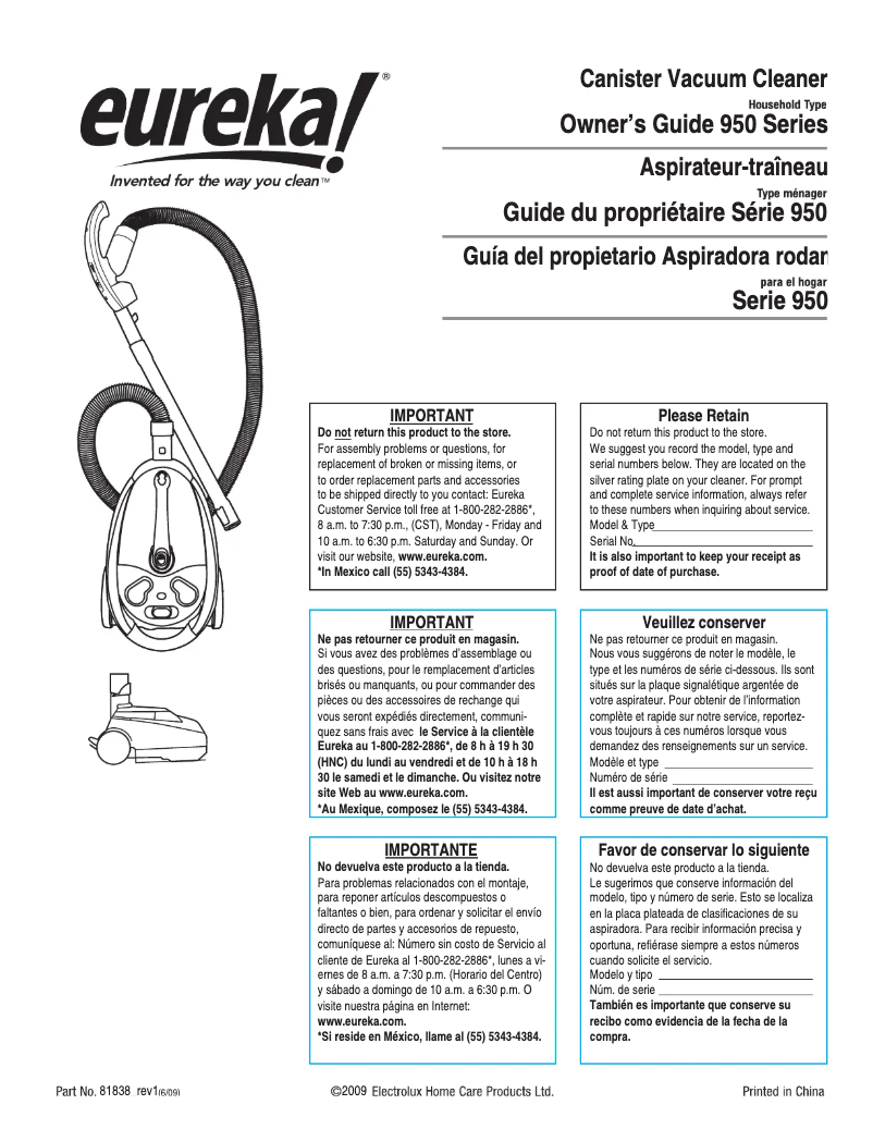Page n°1 - Manuel utilisateur Electrolux Eureka CompleteClean 955A