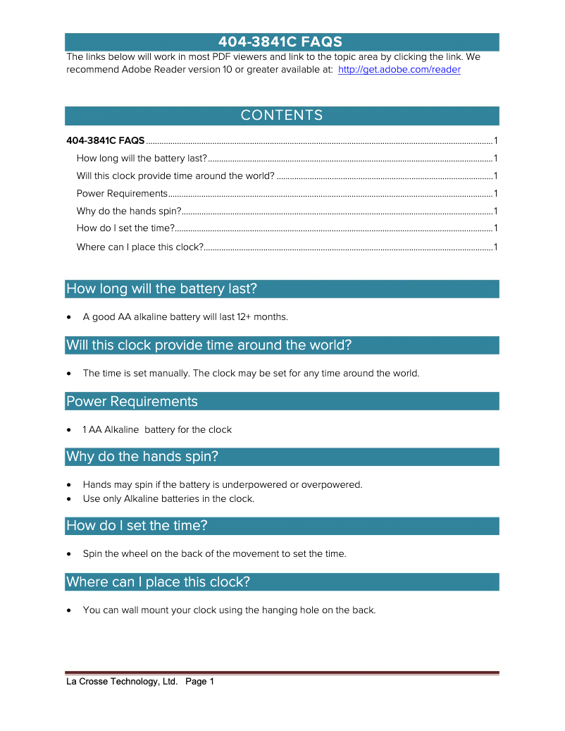 Page 1 de la notice FAQ La Crosse Technology 404-3841C