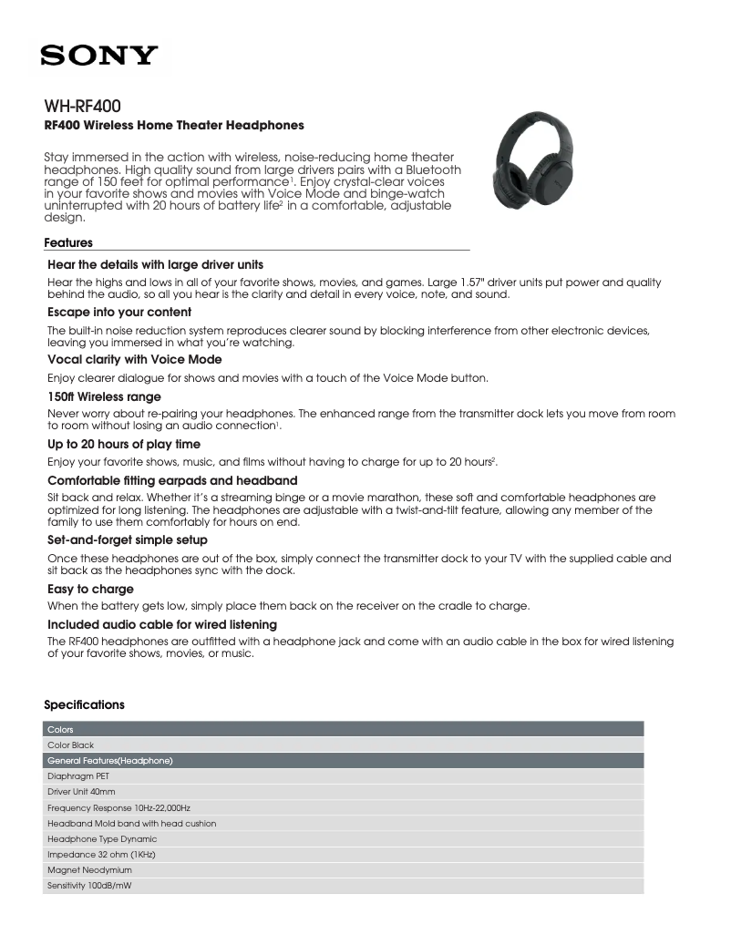 Página 1 del manual Ficha técnica Sony WH-RF400