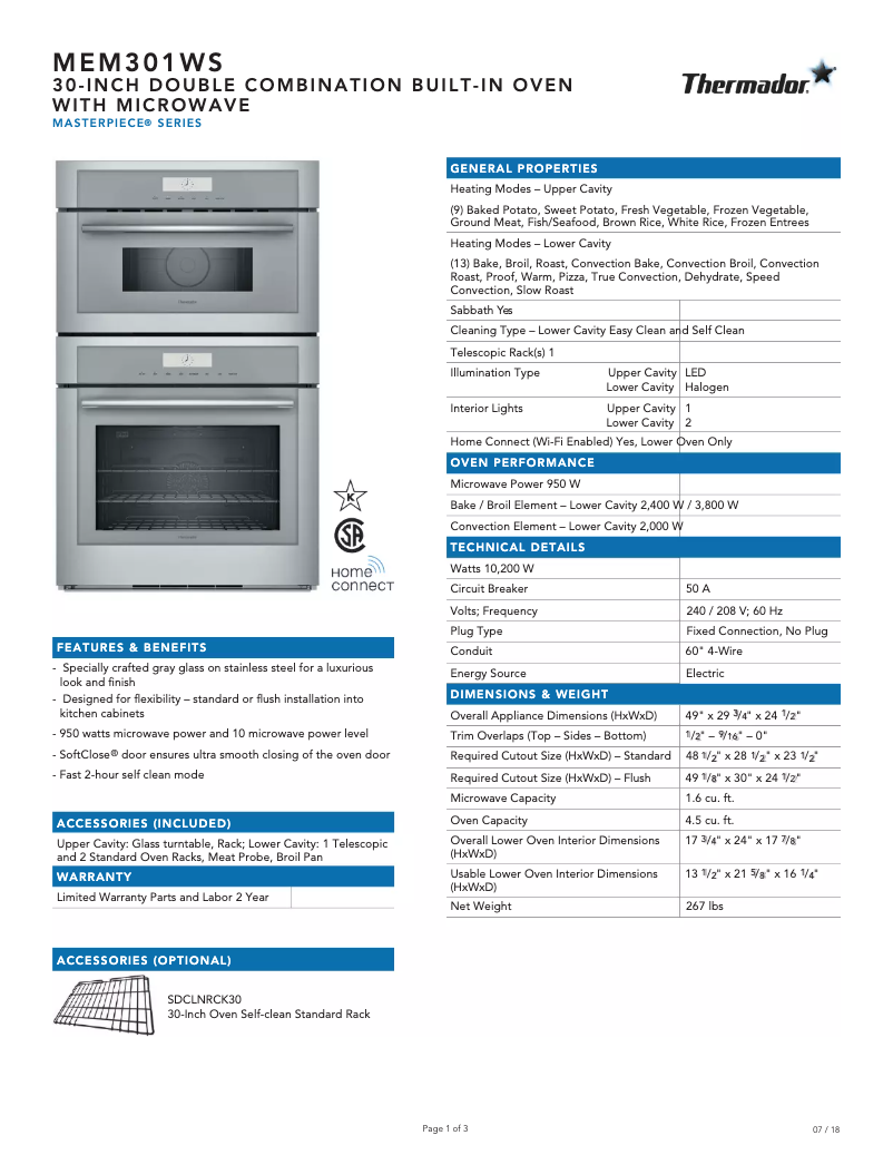 Page 1 de la notice Fiche technique Thermador MEM301WS