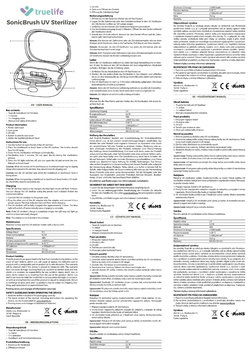 Image de la première page du manuel de l'appareil SonicBrush UV Sterilizer